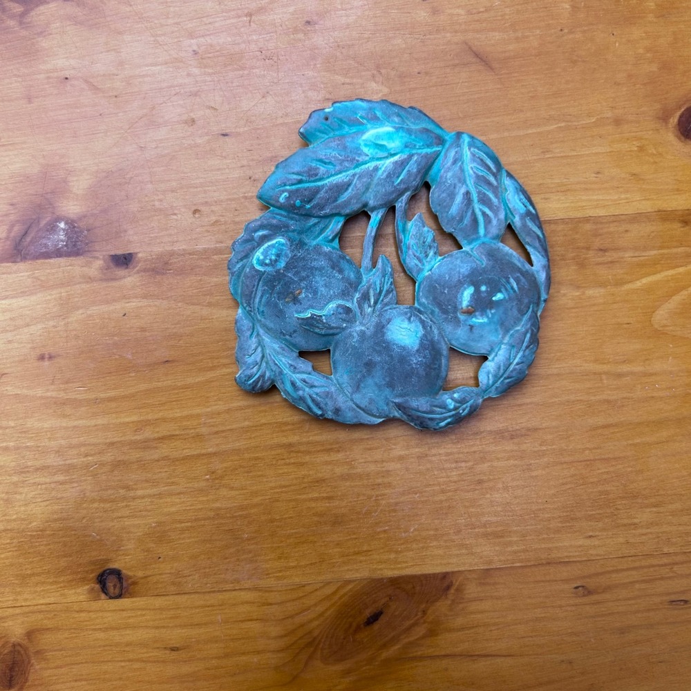 Vintag Verdigris Copper Cherry Trivet Wall Plaqu Teal Green Patina Hot Plate 50s
